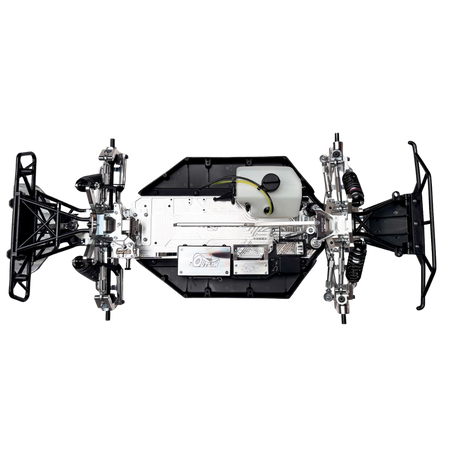 Taylor RC Complete Outlaw V4 Billet Hybrid Slider, top-down view of the full chassis showing front and rear suspension, fuel tank, and billet chassis plate