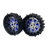 Two black wheels with blue and silver center on a white background