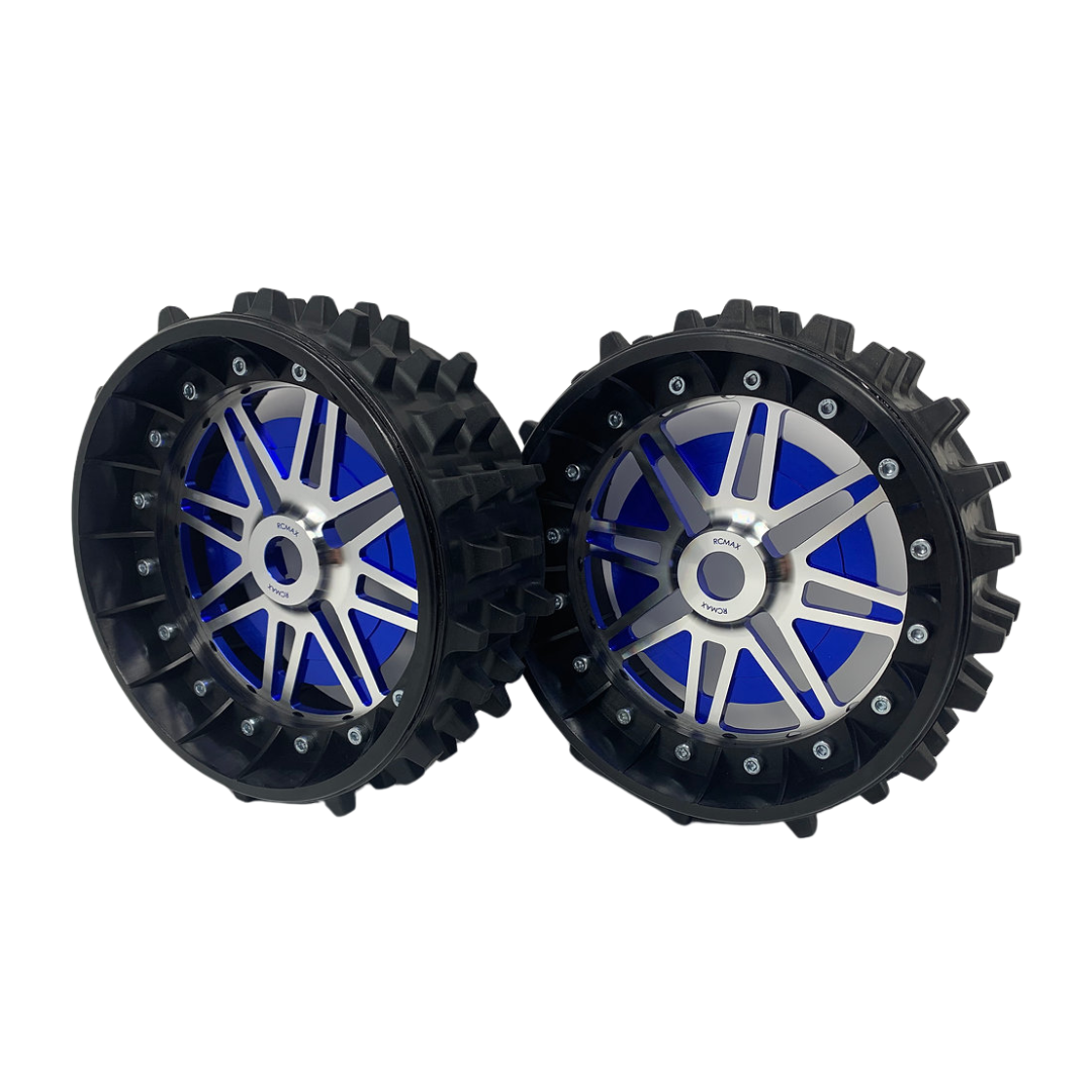 Two black wheels with blue and silver center on a white background