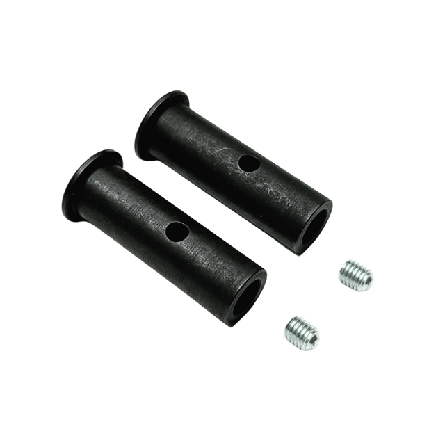 Two black metal pins with screws on a white background