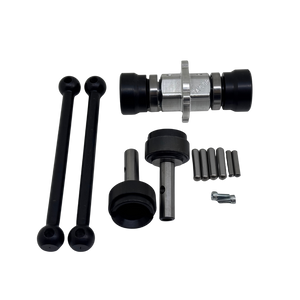 Mechanical parts including black rods and metal components on a white background