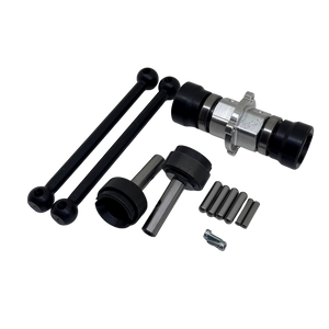 Mechanical parts including black rods and metal components on a white background
