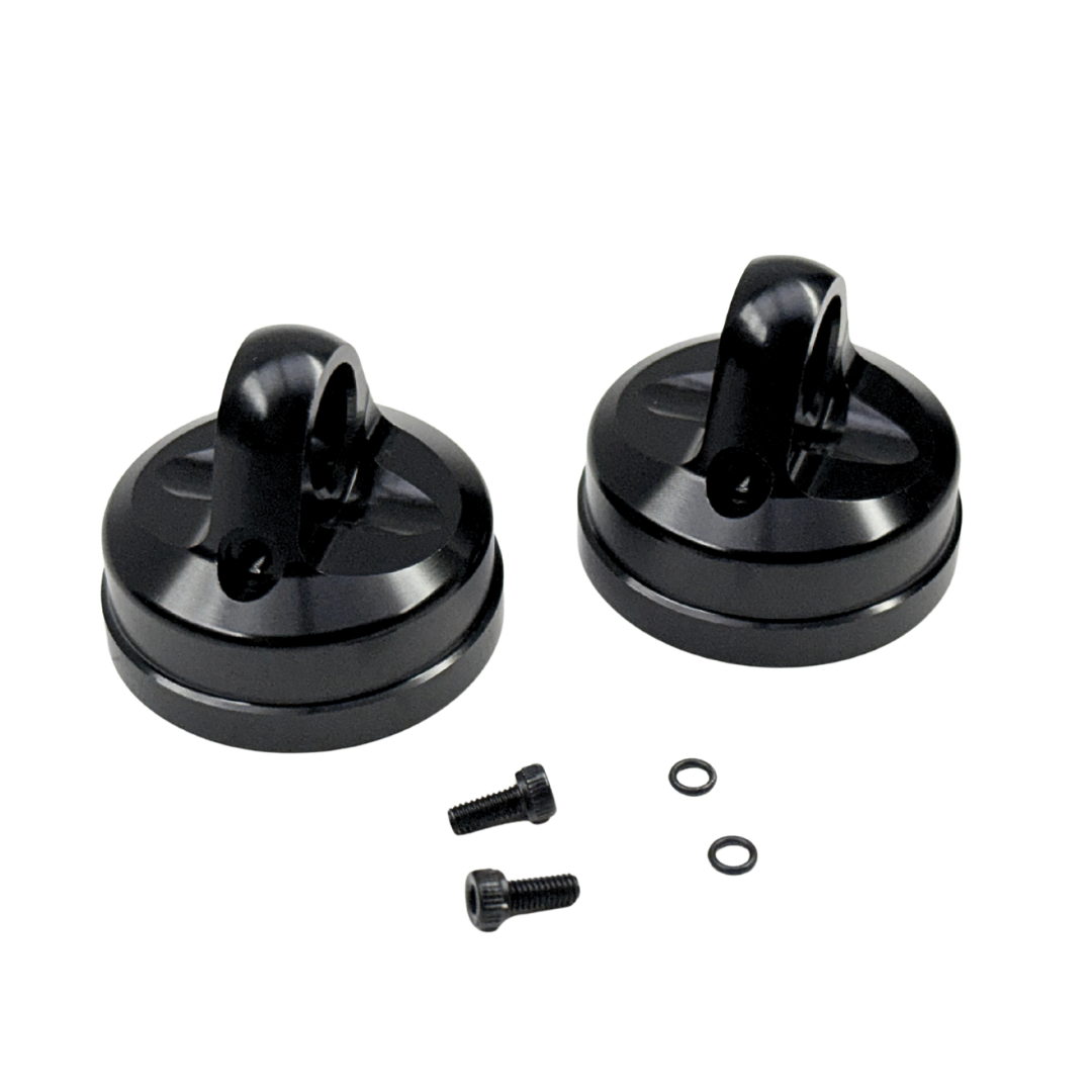 Taylor RC Kraken Losi shock replacement bleeder shock cap, KRC9213, angled view showing the eyelet top with mounting screws and O-rings
