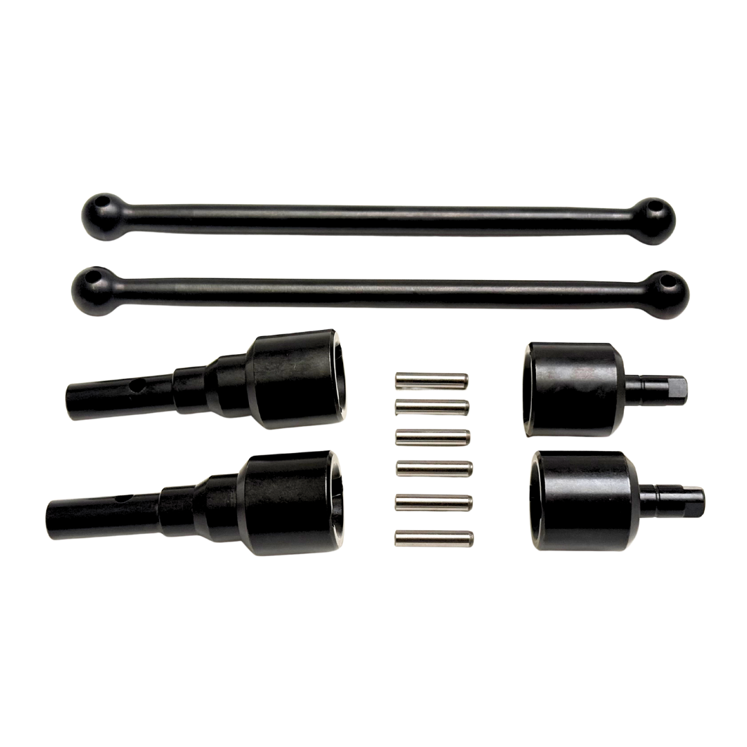 A set of black metal mechanical hardware components, including two long ball-ended rods and several cylindrical adapter pieces with silver pins, arranged on a plain white background.