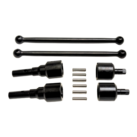 A set of black metal mechanical hardware components, including two long ball-ended rods and several cylindrical adapter pieces with silver pins, arranged on a plain white background.