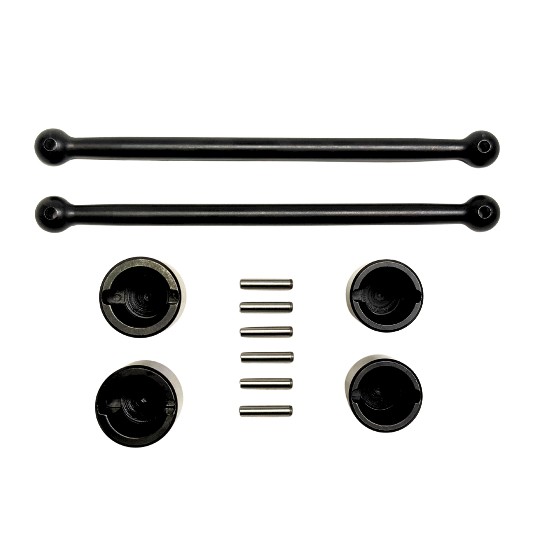 A set of black metal suspension or control arm components with small silver pins, arranged neatly on a plain white background.