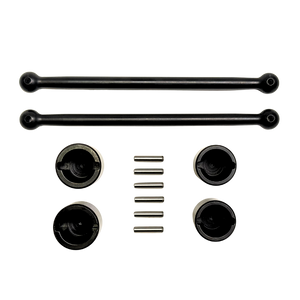 A set of black metal suspension or control arm components with small silver pins, arranged neatly on a plain white background.