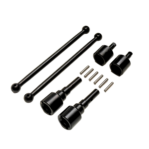 A set of black metal mechanical hardware components, including two long ball-ended rods, four adapter collars, and six small silver pins, arranged on a plain white background.