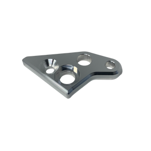 Metallic triangular bracket with three holes on a white background