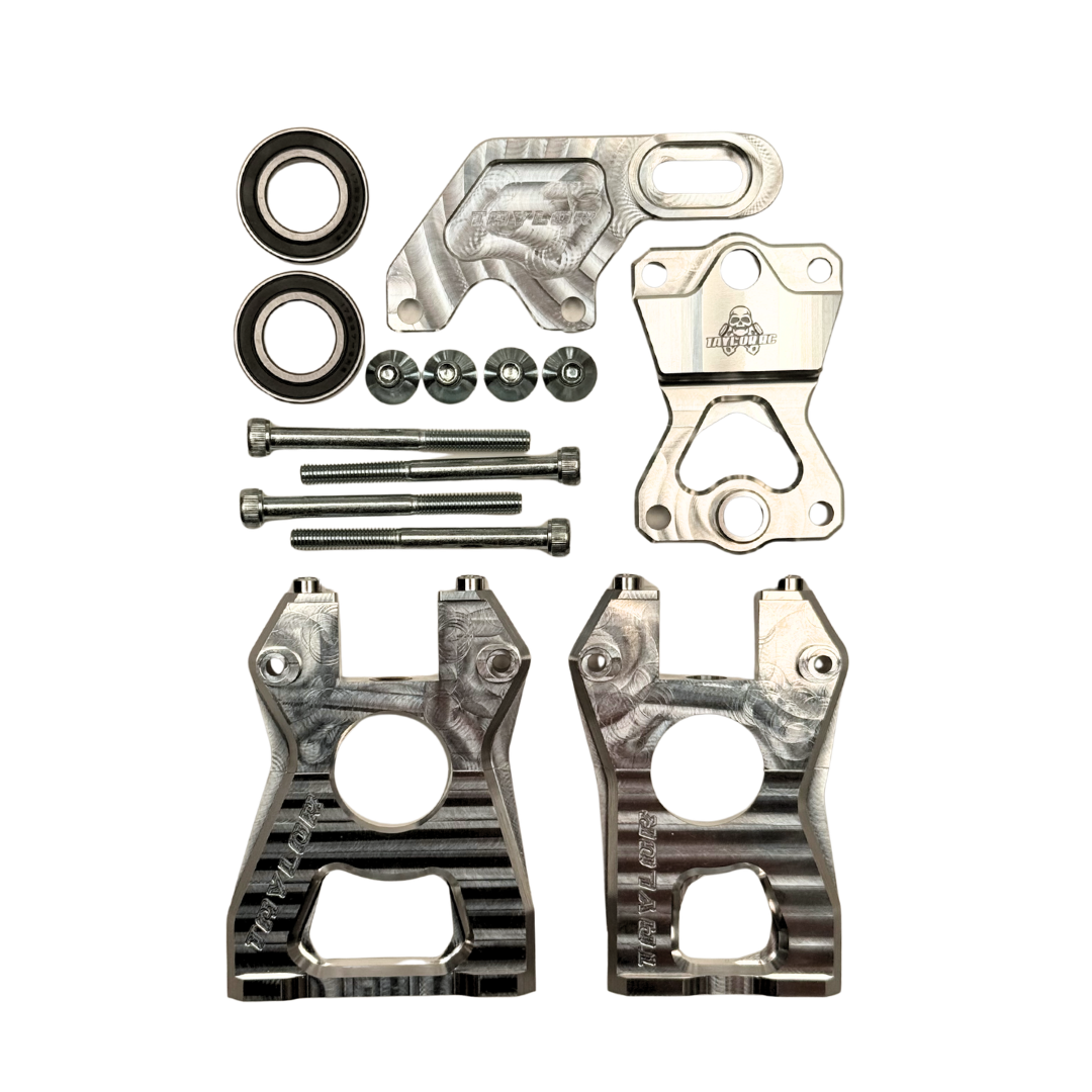 Set of metal mechanical components on a white background