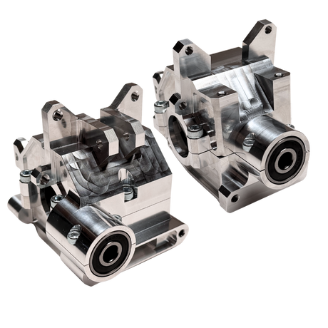 Two metallic mechanical components on a white background