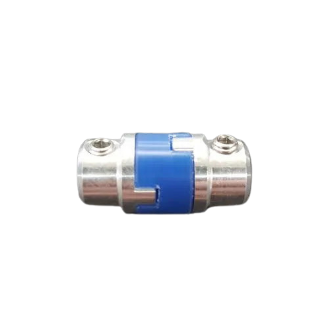 Metallic connector with blue accent on a white background