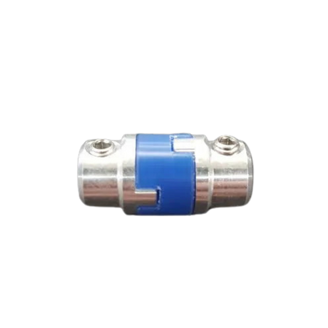 Metallic connector with blue accent on a white background