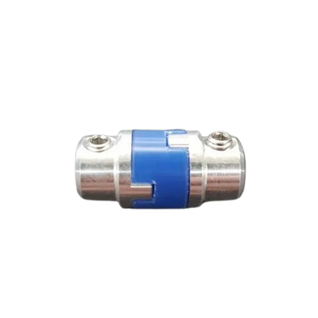 Metallic connector with blue accent on a white background