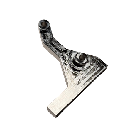 Taylor RC OUTLAW clutch side engine brace in raw silver, top view of the machined pocketed face with the mounting holes and thick base