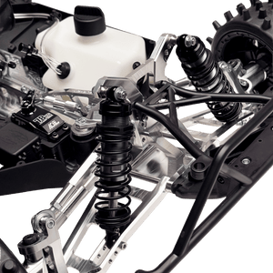 Close-up of a motorcycle suspension system on a green background