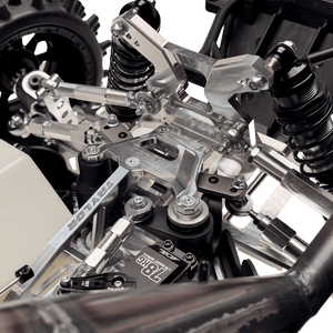 Close-up of a mechanical suspension system with visible branding on a transparent background