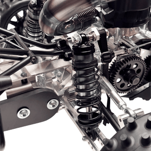 Close-up of a mechanical vehicle chassis with springs and gears on a green background