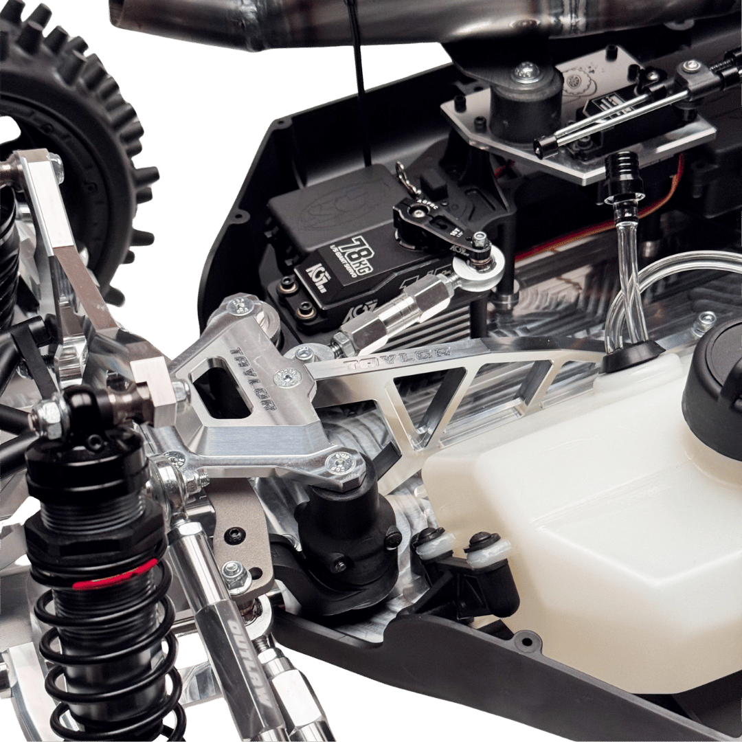 Close-up of a mechanical system with gears and suspension components on a green background