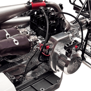 Close-up of a detailed model engine with visible branding on a transparent background