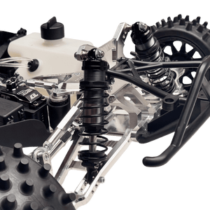 Close-up of a mechanical model or toy with metal components and black parts on a green background