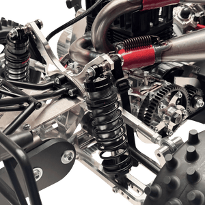 Close-up of a mechanical model with metal components and springs on a green background