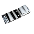Taylor RC OUTLAW V4 front chassis insert in raw silver, angled view of the counterbored top face showing the mounting holes and ribbed sections