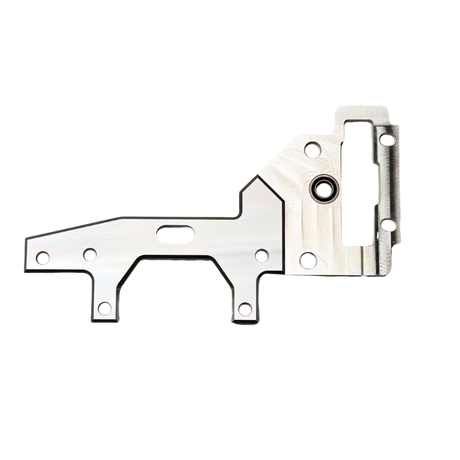 Taylor RC OUTLAW V4 upper transmission plate in raw silver, flat view showing the mounting holes, bearing bore, and slotted cutout