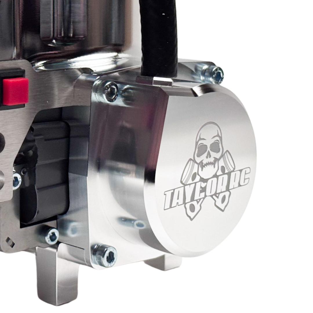 Close-up of a metallic mechanical component with a visible brand logo on a white background