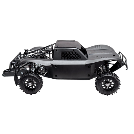 Black off-road vehicle chassis on a white background