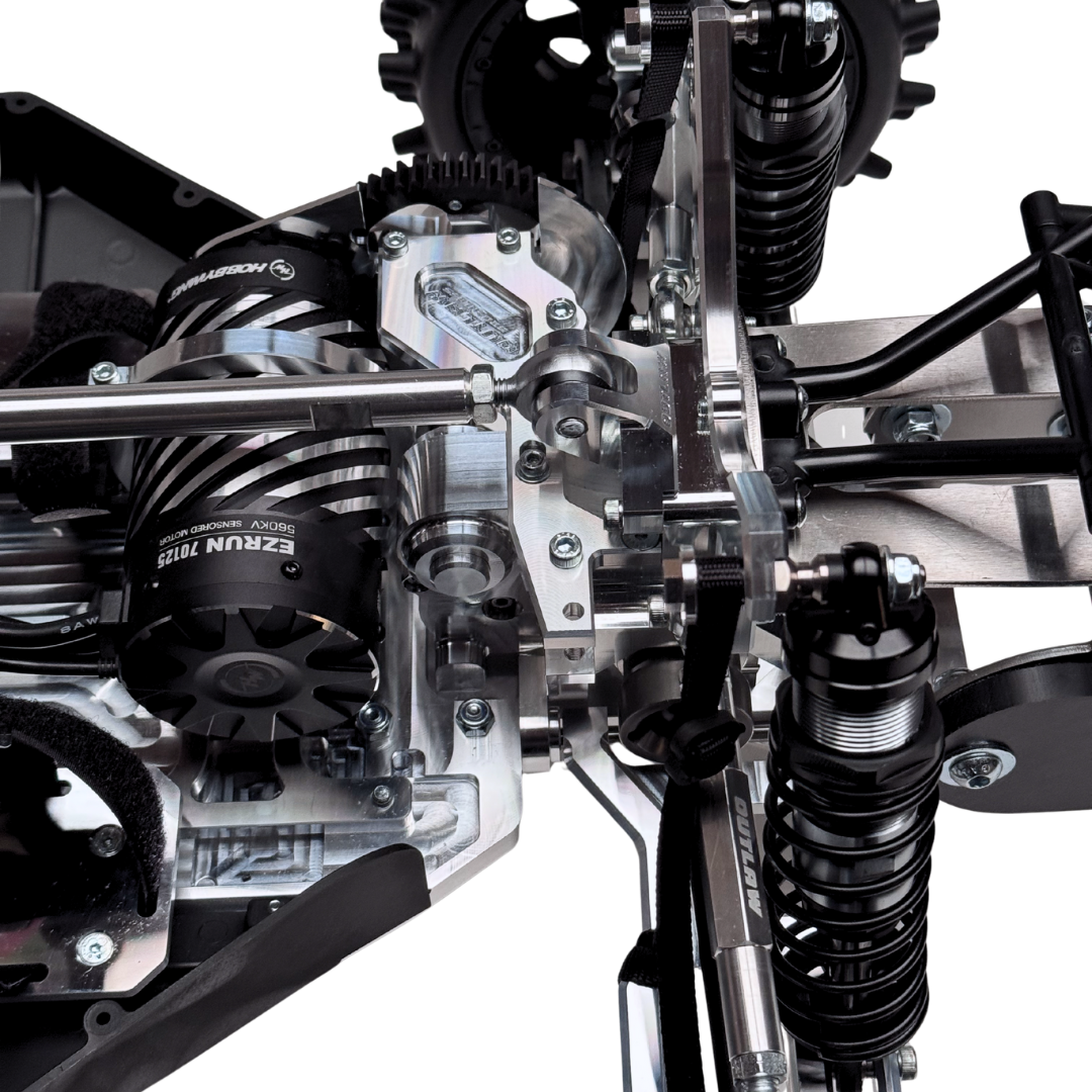 Close-up of a detailed mechanical system with metal components on a white background