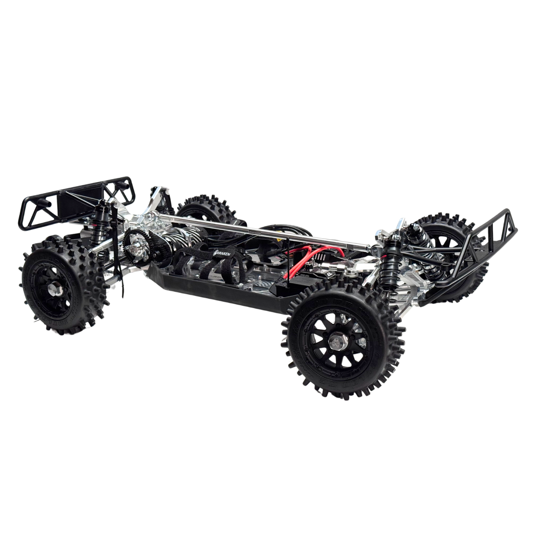 Model of a vehicle chassis with wheels and mechanical components on a white background