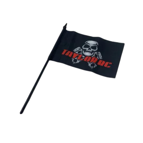 Black flag with skull and crossbones design and 'Taylor OC' text on a white background