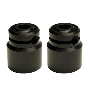 Two black cylindrical metal mounting blocks with threaded ends and a small side adjustment slot, shown on a plain white background.