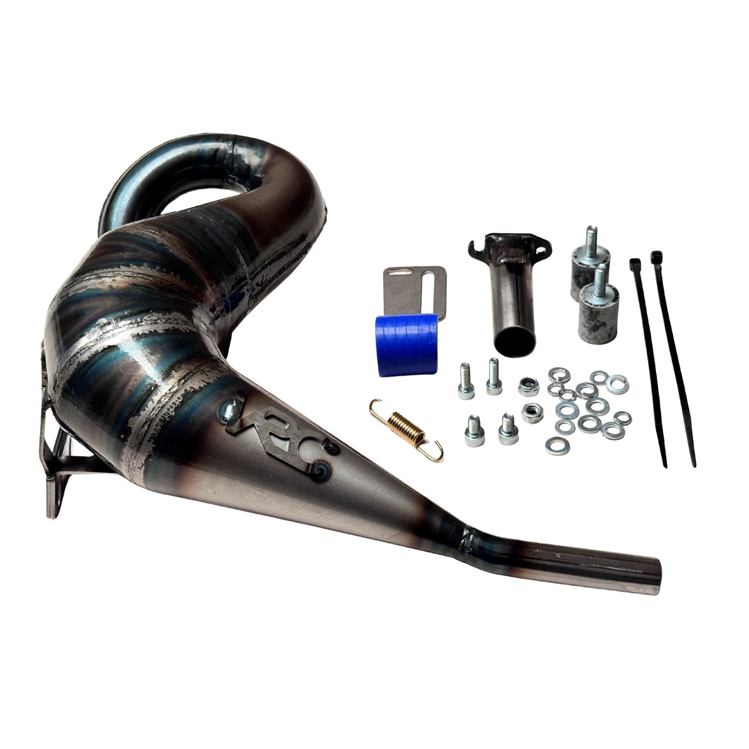 Taylor RC Victory Kraken VEKTA/TT 32cc+ tuned exhaust pipe with full hardware kit including mounting bracket, silicone coupler, spring, and fixings