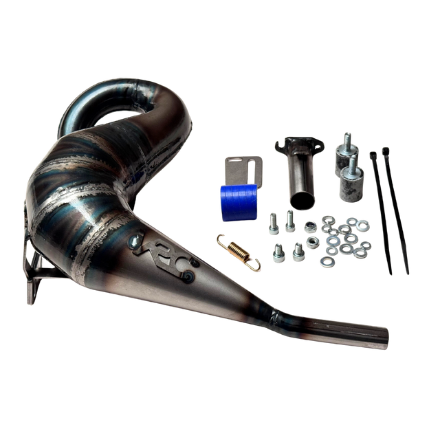 Taylor RC Victory Kraken VEKTA/TT 32cc+ tuned exhaust pipe with full hardware kit including mounting bracket, silicone coupler, spring, and fixings