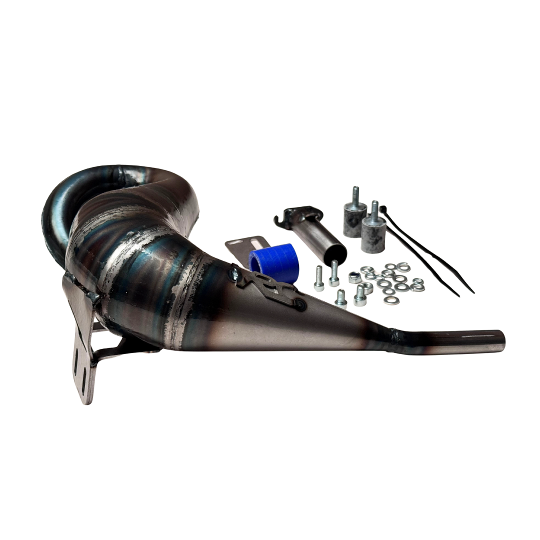 Taylor RC Victory Kraken VEKTA/TT 32cc+ tuned exhaust pipe shown front-on with the mounting bracket, silicone coupler, spring, and fixings