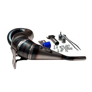 Taylor RC Victory Kraken VEKTA/TT 32cc+ tuned exhaust pipe shown front-on with the mounting bracket, silicone coupler, spring, and fixings