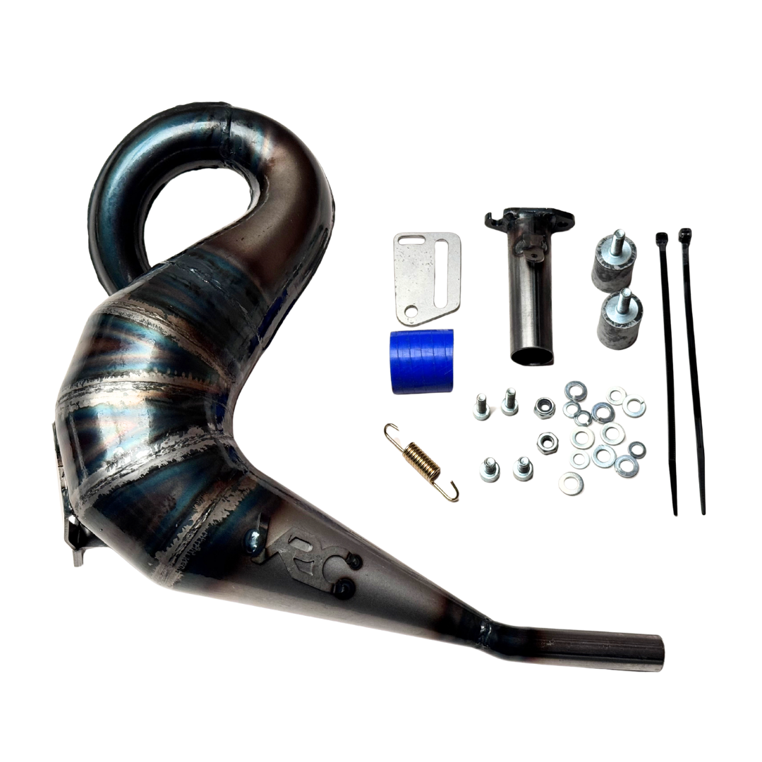 Taylor RC Victory Kraken VEKTA/TT 32cc+ tuned exhaust pipe shown side-on with the mounting bracket, silicone coupler, spring, and fixings