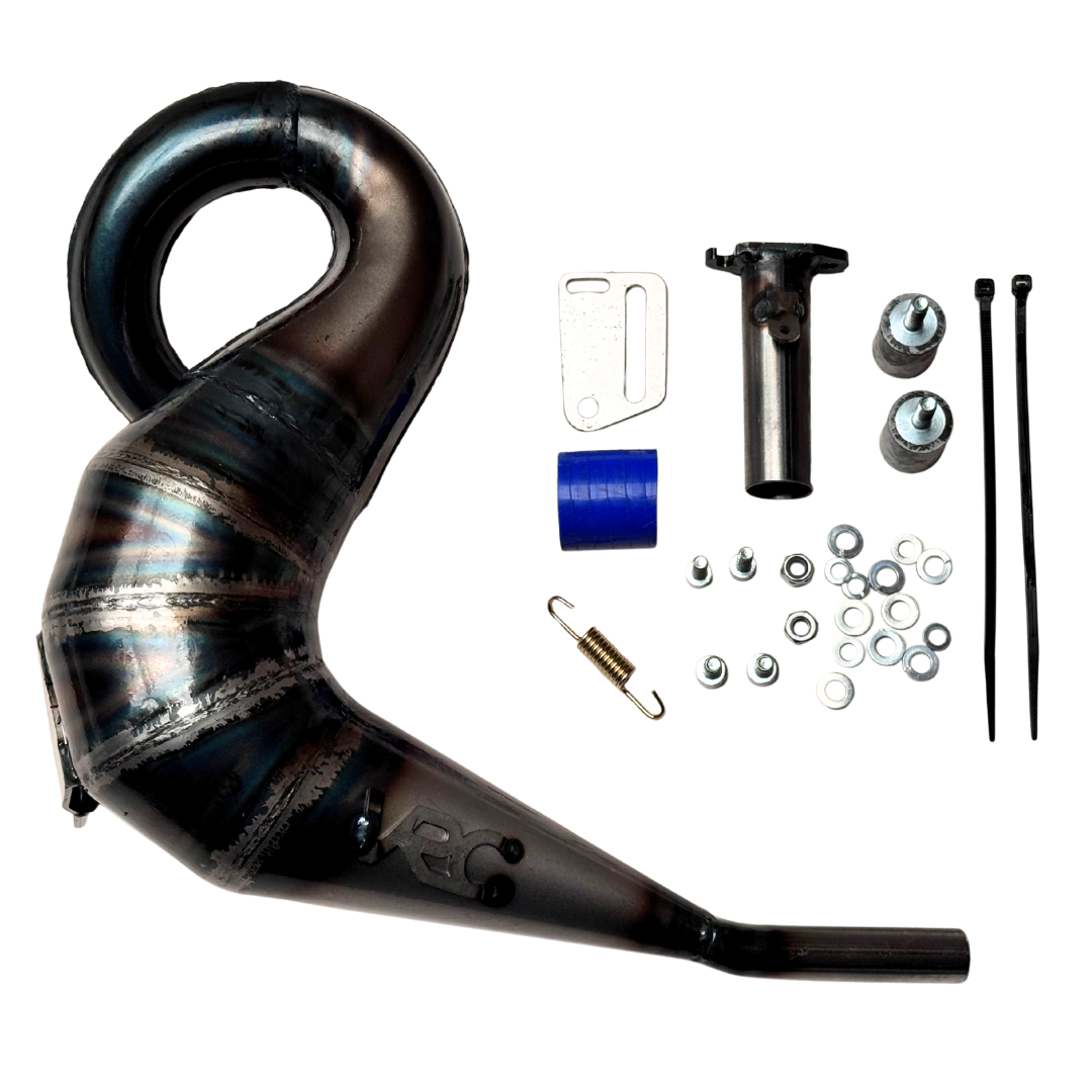 Taylor RC Victory Kraken VEKTA/TT 32cc+ tuned exhaust pipe shown from above with the mounting bracket, silicone coupler, spring, and fixings