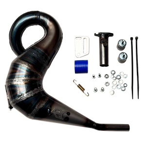 Taylor RC Victory Kraken VEKTA/TT 32cc+ tuned exhaust pipe shown from above with the mounting bracket, silicone coupler, spring, and fixings