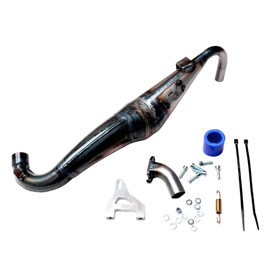 Taylor RC Victory PRO Baja 5B side mount exhaust pipe, non-silenced version, shown from an alternate angle with manifold, silicone coupler, spring, and mounting hardware