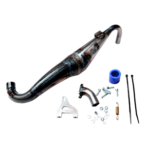 Taylor RC Victory PRO Baja 5B side mount exhaust pipe, non-silenced version, shown from an alternate angle with manifold, silicone coupler, spring, and mounting hardware