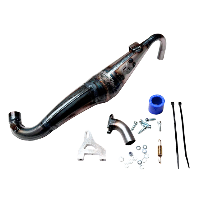 Taylor RC Victory PRO Baja 5B side mount exhaust pipe, non-silenced version, shown from an alternate angle with manifold, silicone coupler, spring, and mounting hardware