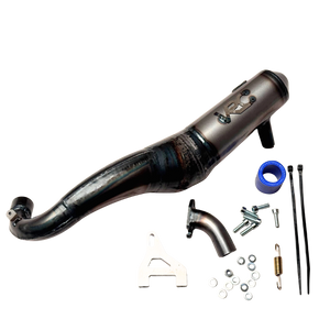 Taylor RC Victory PRO Baja 5B side mount exhaust pipe, silenced version, shown from an alternate angle with manifold, silicone coupler, spring, and mounting hardware