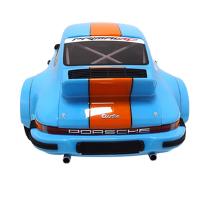 Blue Porsche model car with orange stripes on a white background