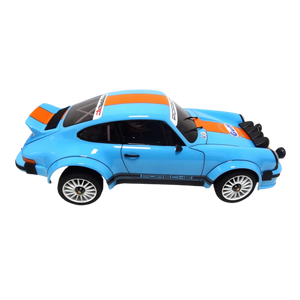 Blue toy car with orange and black stripes on a white background