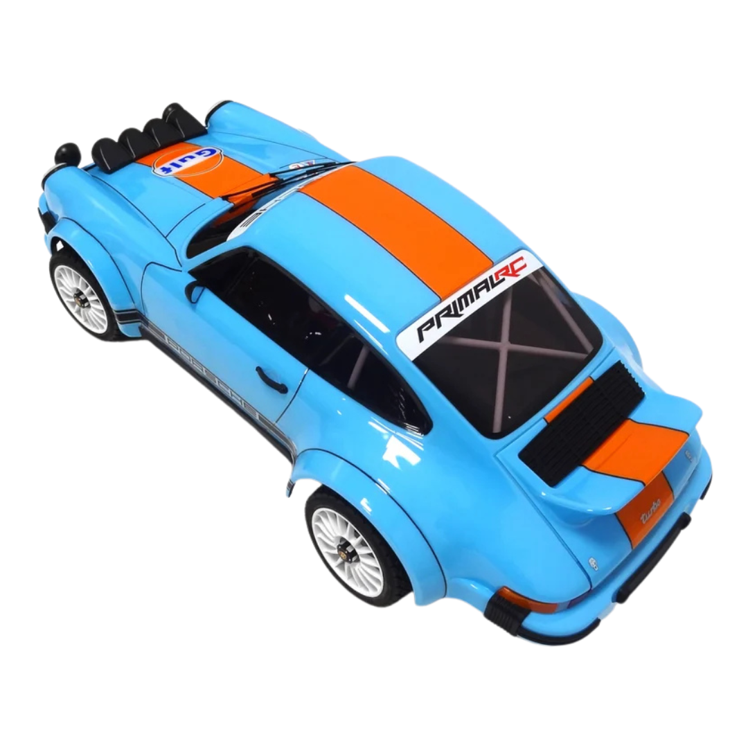 Blue and orange toy car with 'Primal Rc' branding on a white background