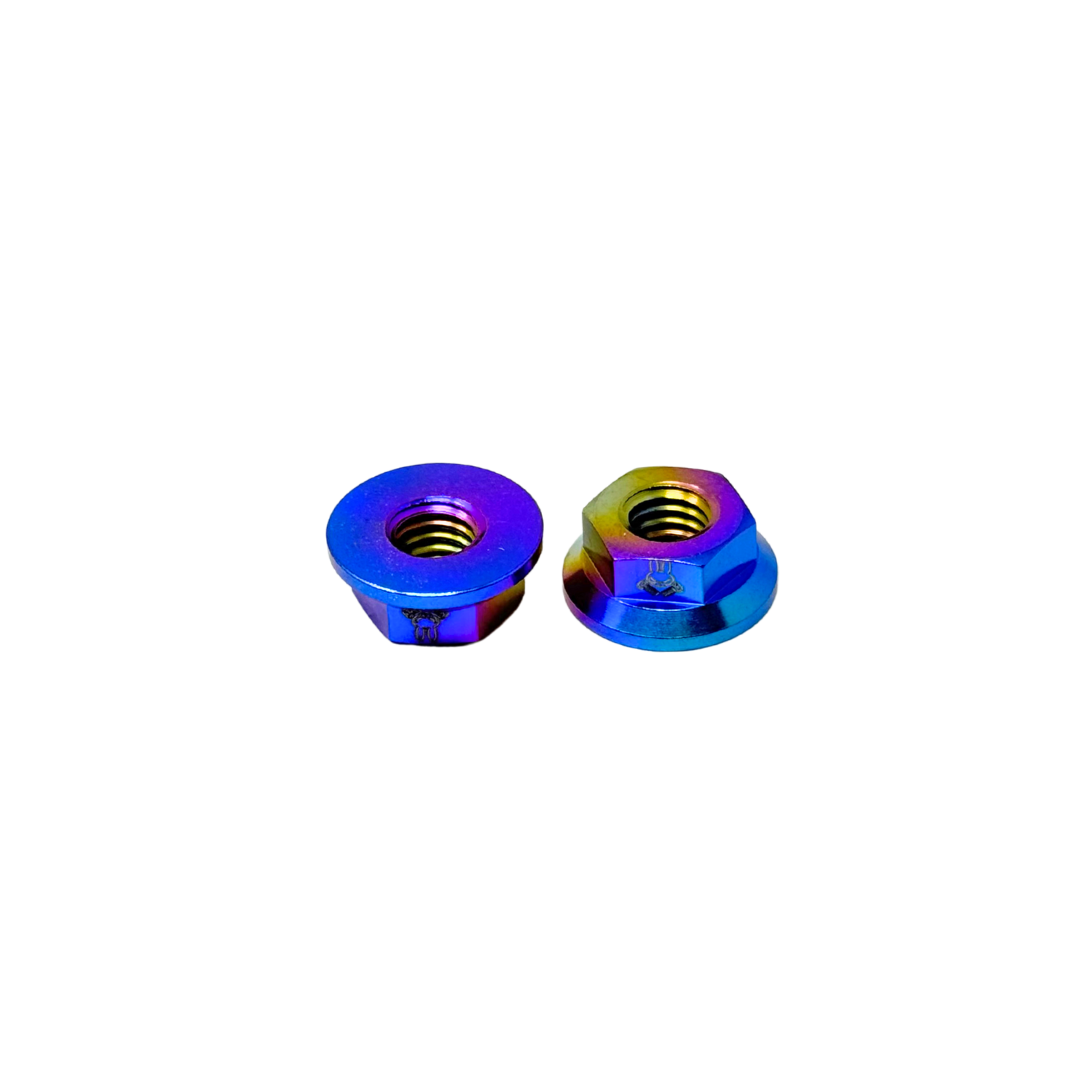 Two colorful metal nuts on a white background