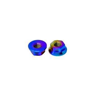 Two colorful metal nuts on a white background